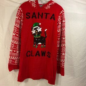 Almost Famous Santa Claws Tuxedo Cat Christmas Sweater with attached hat, Sz XL
